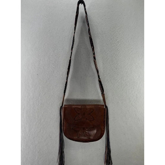 Womens Handbag Boho Leather Floral Tooled Embossed Purse Mini Sling Tan Brown - Picture 10 of 12